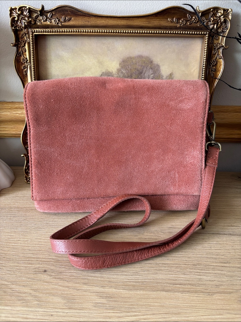 Suede Leather Crossbody Bag in Dusty Rose